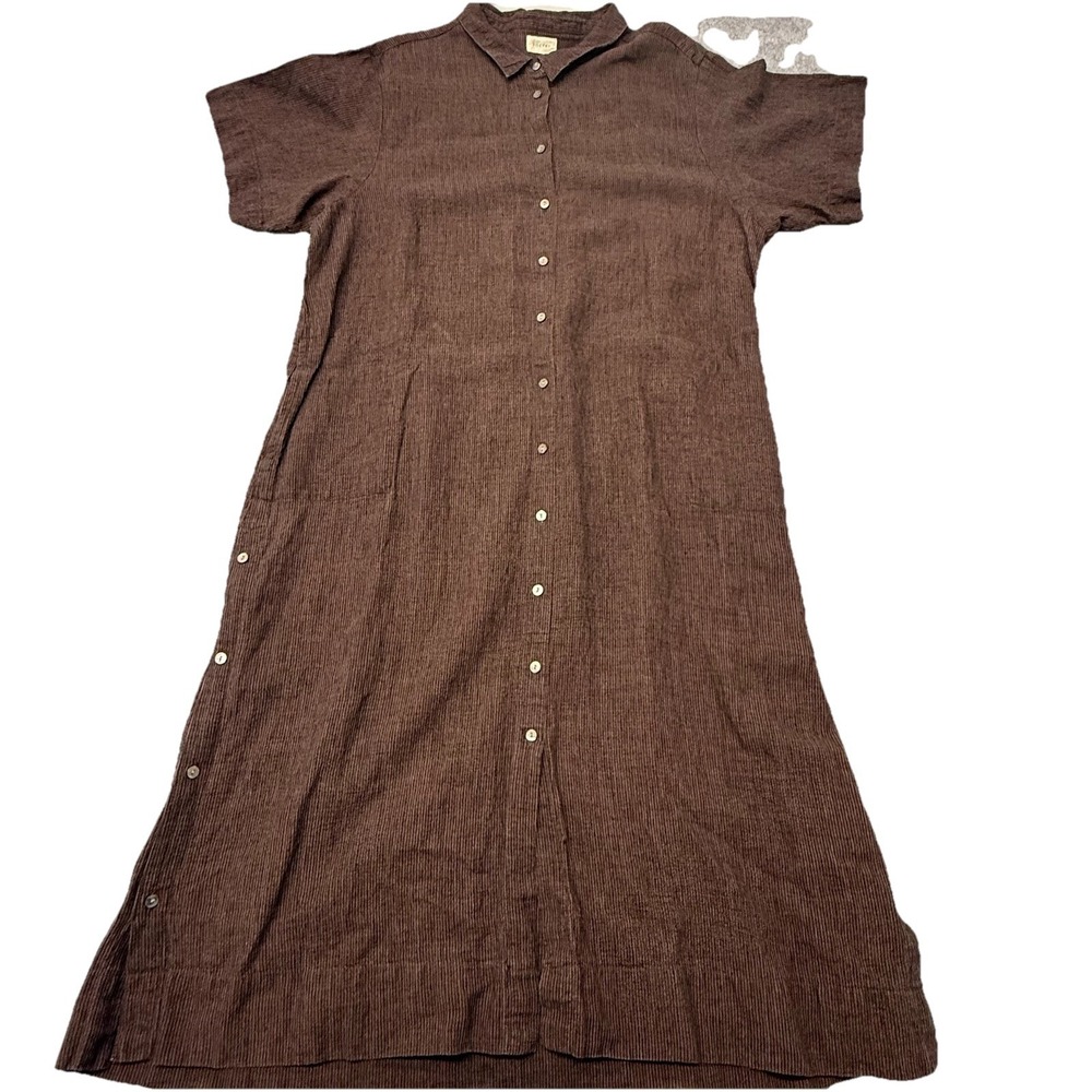 Poetry Linen Dress Stripe Short Sleeve Collar Midi Maxi Pleated Lagenlook US 16